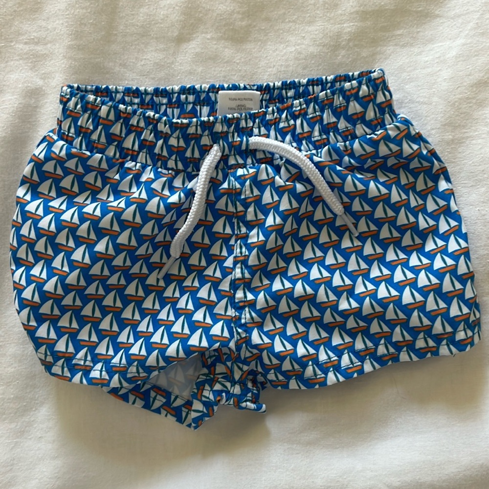 Starting our Sailboat print swim trunks 3-6 months
